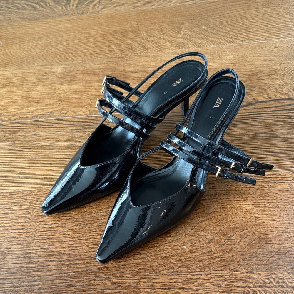 Zara Black Patent Pointed Slingback Heels
